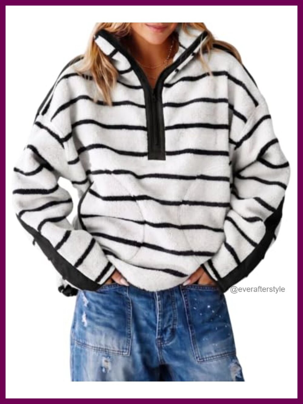 Fleece Quarter Zip Pullover Sweatshirt Striped Winter Warm Coat